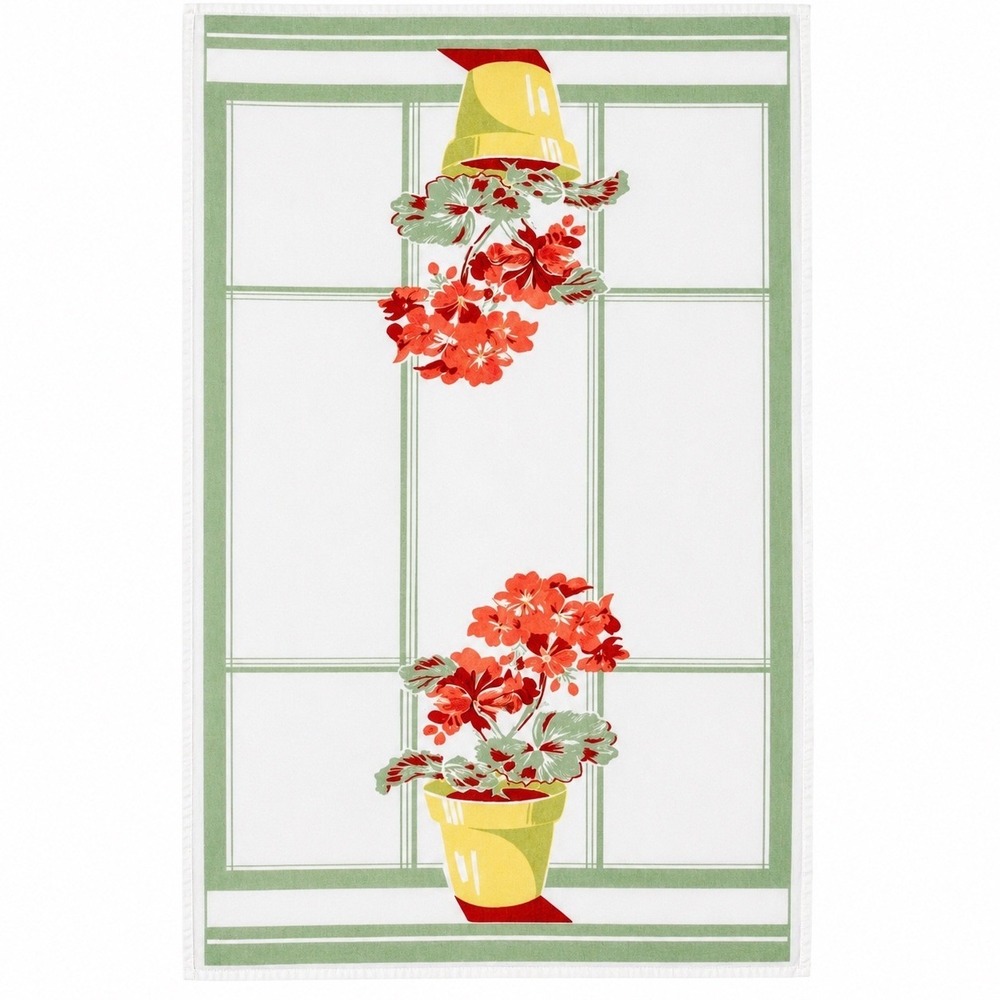 Vintage Floral Tea Towel Red Geranium Potted Plant Green Striped White Cotton